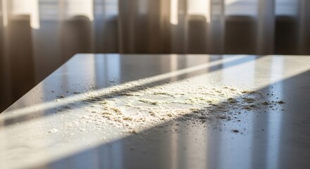 日光が差し込む室内で粉末状のものが散らばった白いテーブルのクローズアップ写真