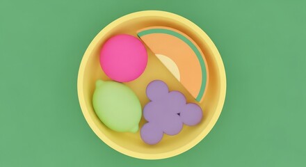 黄色い皿の上のカラフルな果物の静物写真、明るい背景