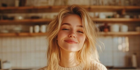 Smiling woman in kitchen with sunlight on her face