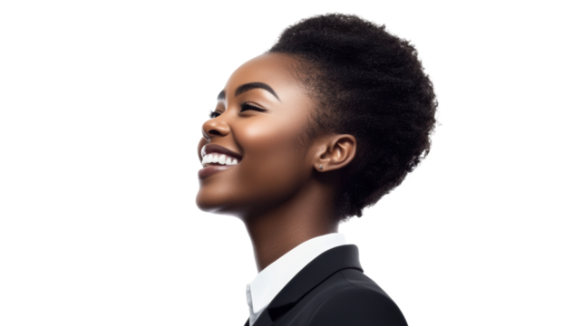 Profile of smiling woman in blazer
