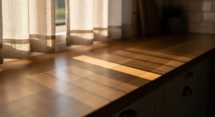 温かい日差しが差し込む静かな木製カウンターと白いカーテンの穏やかな朝