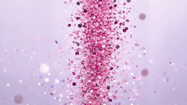 Falling Pink Particles Floating in Soft Light Creating a Vertical Stream of Shimmering Shapes With Gentle Sparkle Effects in a Dreamy Abstract Scene