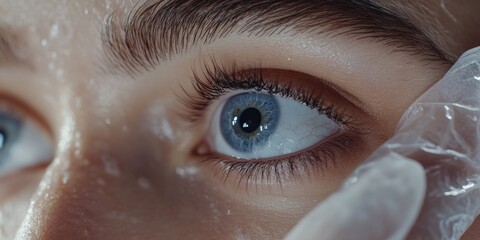 Upclose portrait of person with blue eyes, looking downwards