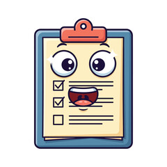 Joyful cartoon clipboard with checklist and checkboxes, happy expression, isolated on white background for creative projects.