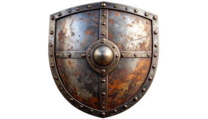 A weathered, metallic shield, riveted and stained with rust, on a transparent backdrop