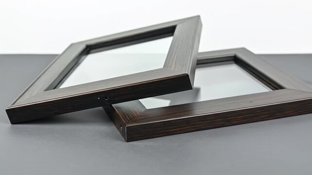 Close-up of two square frames with glass, resting on a gray surface against a white backdrop