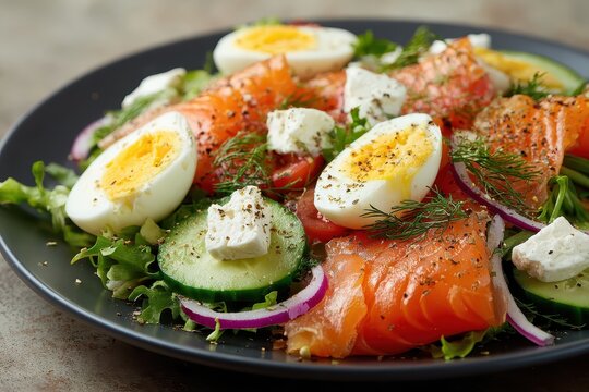 Fresh salad featuring smoked salmon, parmesan cheese, and vegetables served on a black plate at a dining table
