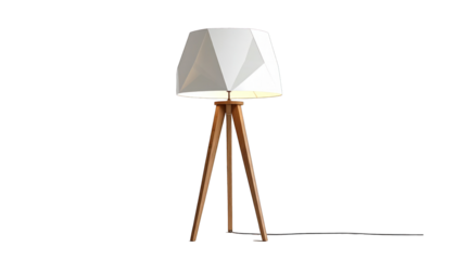 Modern floor lamp with geometric lampshade and wooden tripod legs on black