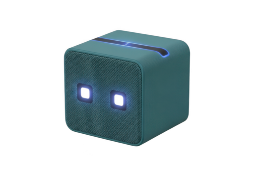 A small teal cubeshaped speaker with glowing blue lights isolated on transparent background