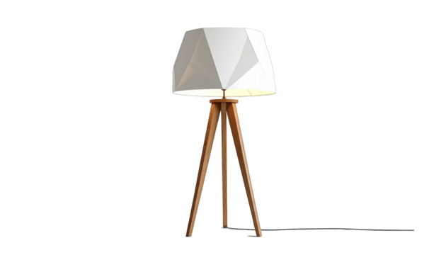 Modern floor lamp with geometric lampshade and wooden tripod legs on black - Powered by Adobe