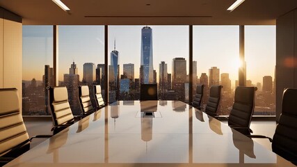Modern corporate conference room with large windows overlooking a city skyline at sunset, featuring a sleek oval table and ergonomic chairs for meetings and discussions