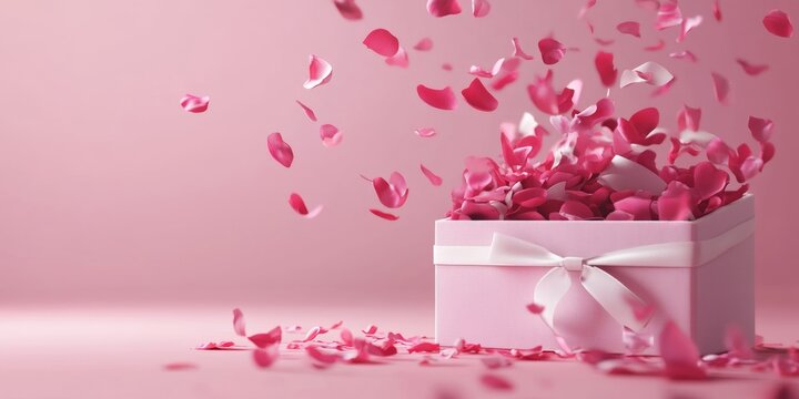 Pink box with gift ribbon and red petals
