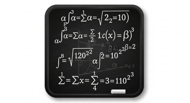Black chalkboard with complex mathematical formulas, equations, and symbols written in white chalk, representing education and science