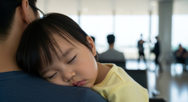 Toddler resting on parent shoulder in airport, family travel and comfort during journey - Powered by Adobe