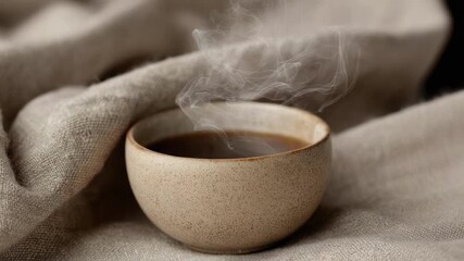 A small beige ceramic cup of hot tea or coffee sits on soft linen, steam curling from the dark liquid.