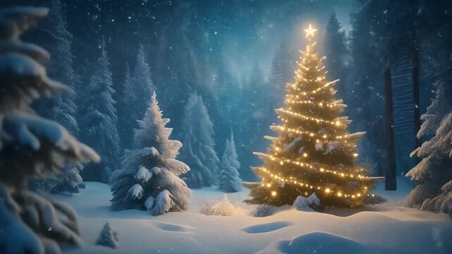 A beautifully decorated Christmas tree glowing in the middle of a snowy forest. Snowflakes 