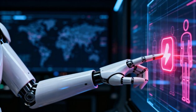 Robot Arm Touching Interface Displaying Lightning Bolt in Person Outline - Powered by Adobe