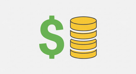 Simple green dollar sign icon next to a stack of four yellow gold coins representing finance, money, wealth, and currency concept