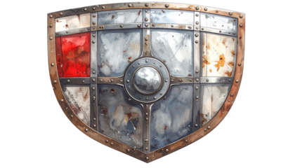 An aged, steel shield with a red accent, rivets, and a weathered appearance