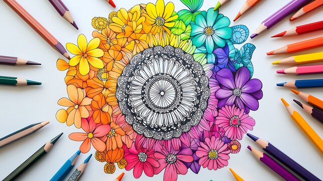 Colorful floral mandala artwork with surrounding vibrant pencils
- Powered by Adobe