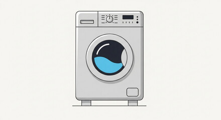 Front loading washing machine icon with water inside the drum, modern household appliance for laundry
