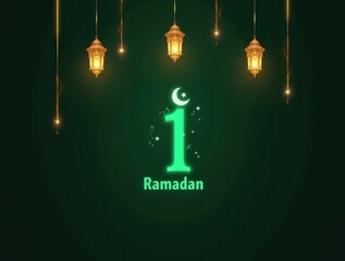 Ramadan kareem greeting with crescent moon and lanterns on dark green background