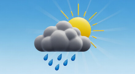 A 3d rendering of a dark rain cloud with drops falling in front of a bright yellow sun against a clear blue sky background