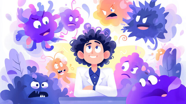 Cheerful Psychologist Surrounded By Colorful Germs And Playful Monster Figures