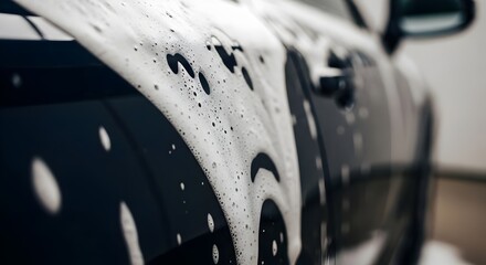 Foamy black car wash: bubbles on auto body in service station for detailing and maintenance advertising