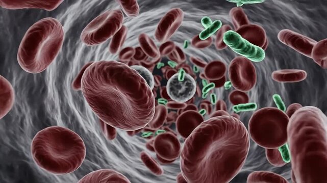 Immune system weakening, white blood cells drifting sluggishly in bloodstream, invading pathogens glow faintly yet go unnoticed