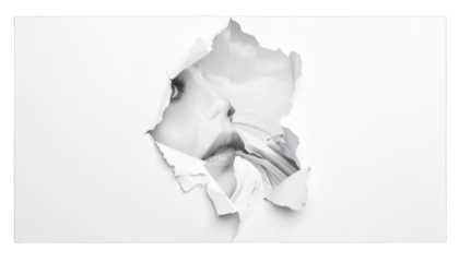 Portrait of a woman peeking through a torn paper against a landscape backdrop
