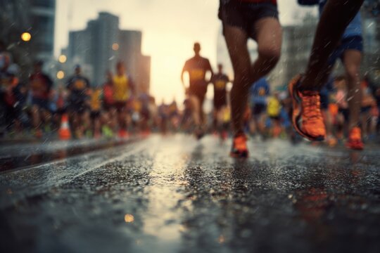 Runners compete at a half marathon event in a bustling city during rain with buildings in the background and a vibrant atmosphere