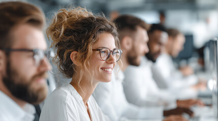 woman with curly hair working confidently at computer in office. She is surrounded by a diverse, blurry line of colleagues collaborating, teamwork and positive corporate culture.