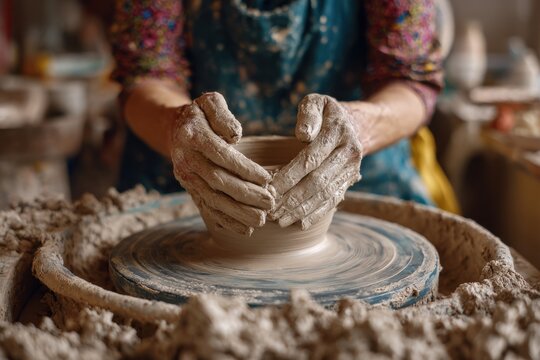 Cropped woman shares quality time during pottery class with hands shaping clay on a wheel in a creative workshop environment