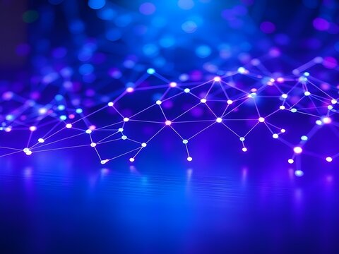 Abstract futuristic background of a glowing blue and purple plexus network with connected dots and lines representing data and technology concepts