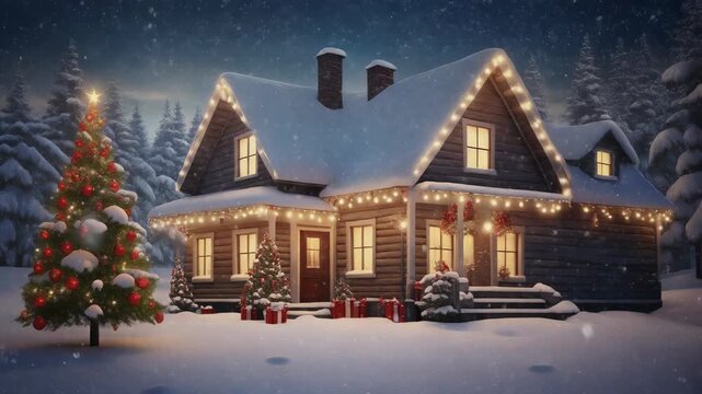A charming snowy house illuminated by festive lights on Christmas Eve. A decorated tree stan 