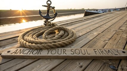 Anchor and coiled rope on wooden dock with inspirational text