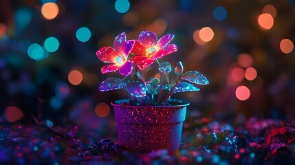 Bright neon glowing flower in pot with colorful bokeh background