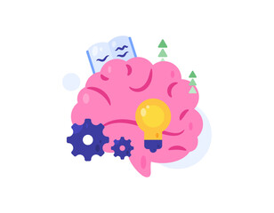 Concept of thinking, inspirational ideas, smart solutions, knowledge, insights. Illustration of brain, gears, books, lights, and an upward arrow. Flat style design. White background.