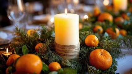 A lit white pillar candle at the center of a festive evergreen wreath adorned with oranges on a holiday table. - Powered by Adobe