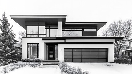 Modern house exterior in clean black and white architectural style
