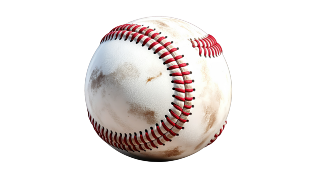A well-worn baseball, showing dirt and red stitching against a black backdrop