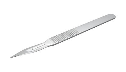 Medical instrument Small, sharp, silver-colored scalpel with a ribbed handle