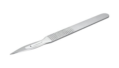 Medical instrument Small, sharp, silver-colored scalpel with a ribbed handle