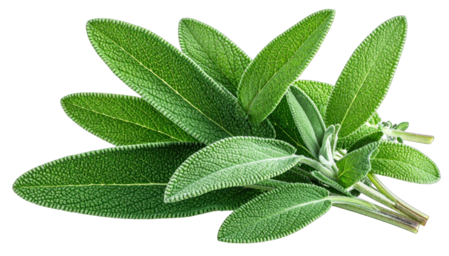 A close-up of fresh, vibrant green sage leaves, detailed and textured, against black