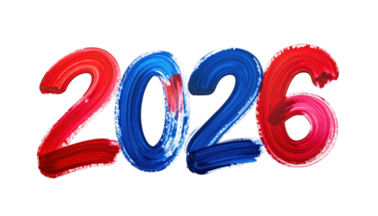 Colorful, thick, brushstroke "2026" text on a black background, vibrant and artistic