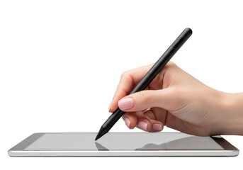 Well-manicured feminine hand, light skin, light pink nails, holds a black digital stylus pen poised above a minimalist tablet on transparent studio background, concept of high-tech elegance