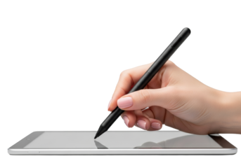 Well-manicured feminine hand, light skin, light pink nails, holds a black digital stylus pen poised above a minimalist tablet on transparent studio background, concept of high-tech elegance