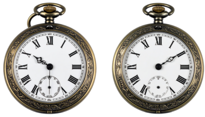 Two antique, ornate pocket watches, one open and one closed, on a black background