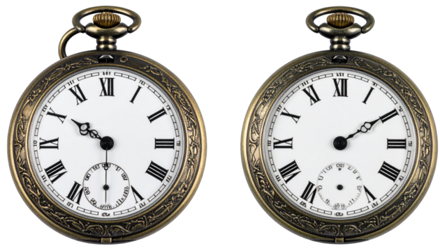 Two antique, ornate pocket watches, one open and one closed, on a black background